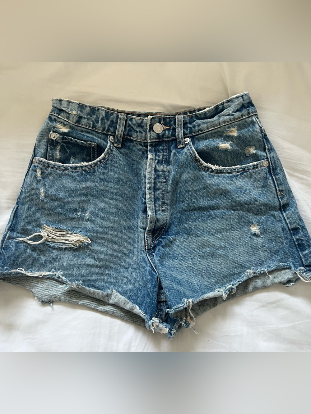 Zara Blue Distressed High-Rise Denim Shorts